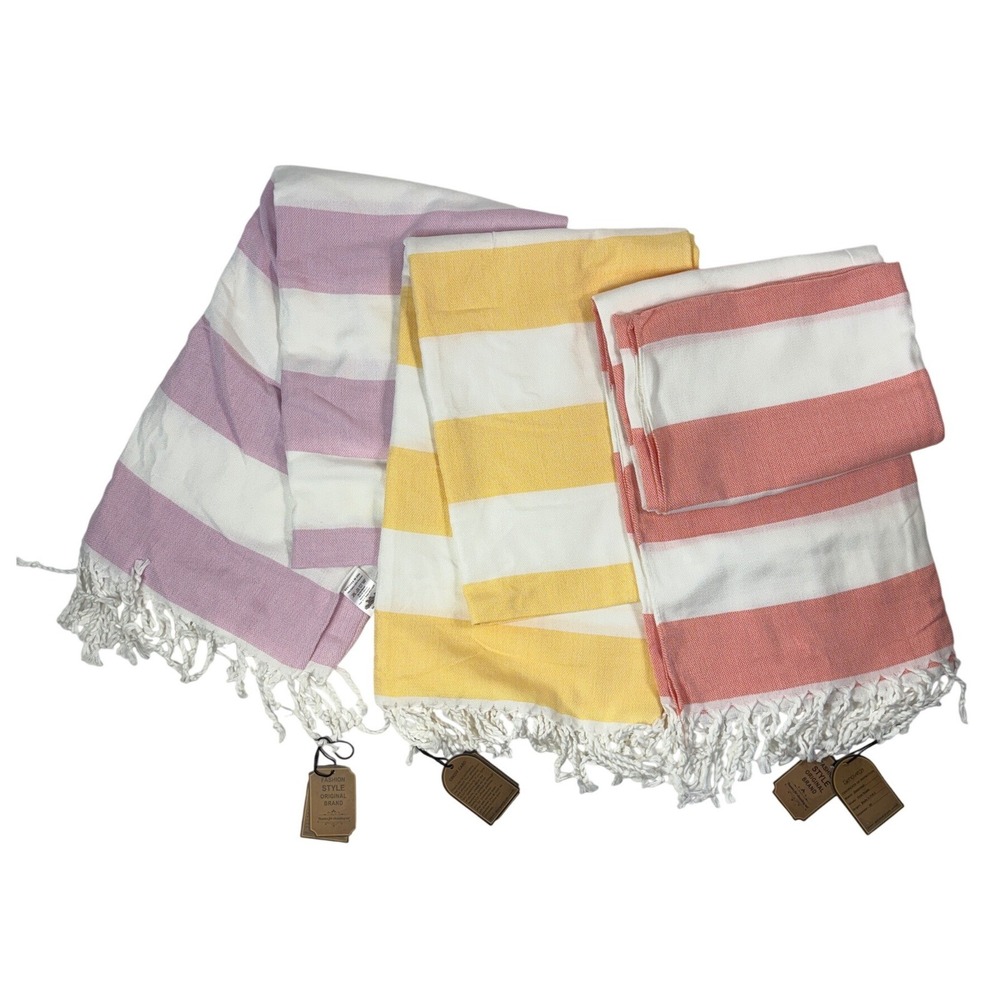 Genovega Turkish Beach Towel Set3pc Striped Tassel Fringe Multicolor Cabana Boho